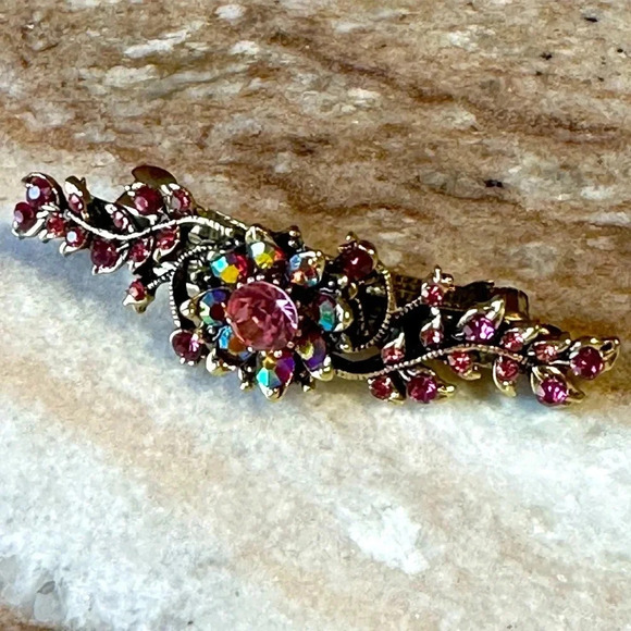Light Pink, Fushia AB Floral Crystal Rhinestone Medium Barrette Hair Clip - Picture 1 of 6